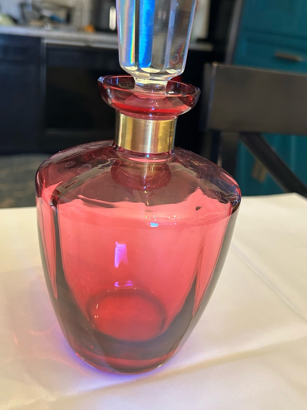 Red Glass Decanter with Gold Collar